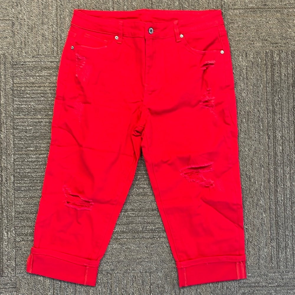 Amazon Women's Red Crop (cuffed) distressed capris